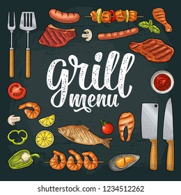 Barbecue set with fork, knifes, spatula, kebab, sausage, chicken leg, steak, fish, oyster, shrimp, basil, lemon. Grill menu handwriting lettering. Vintage color vector engraving isolated on dark