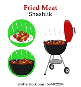 Barbecue set - grill station, fried, roasted meat and vegetables - shashlik, kebab. Picnic vector illustration. Made in cartoon flat style