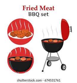 Barbecue set - grill station, fried, roasted and fresh meat. Picnic vector illustration. Made in cartoon flat style