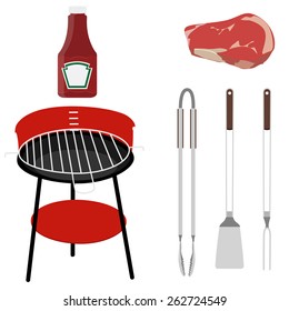 Barbecue set grill, tongs, fork, turner, ketchup ans meat, grilling utensils vector isolated