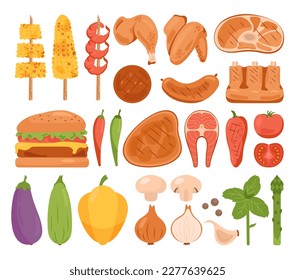 Barbecue set. Grilled food for BBQ party or summer picnic. Steak, chicken, sausages, vegetables, roasted meat, salmon steak and shrimps on a skewer and seasonings. Flat vector illustration