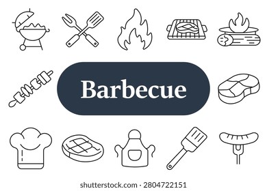 Barbecue set icon. Kettle grill, fork spatula tools, fire flame, meat on grate, burning logs, skewers kebab, chef hat, apron cook, sausage grill icons.
