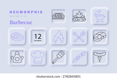Barbecue set icon. Steak, fire, fork, spatula, meat, apron, chefhat, brush, skewer, sausage, cooking, grill, picnic, food, outdoor, flame.