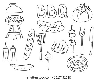 Barbecue set of icons and objects. Hand drawn doodle outdoor eating bbq design concept. Black and white outline coloring page game. Monochrome line art. Vector illustration.