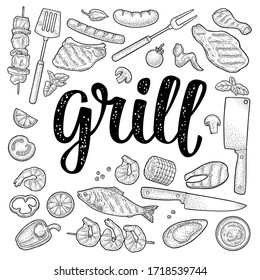 Barbecue set with kebab, sausage, chicken leg, steak, fish, oyster, shrimp, lemon. Grill handwriting lettering. Vintage black vector engraving illustration isolated on white background