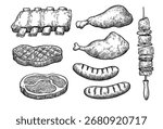 Barbecue set, monochrome vector illustration in sketch style. Grilled meat, chicken, ribs, steak and sausage