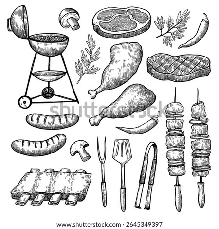 Barbecue set, monochrome vector illustration in sketch style. Grilled meat and vegetables.