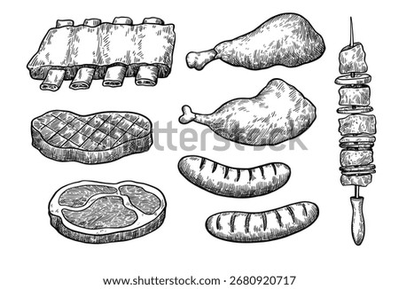 Barbecue set, monochrome vector illustration in sketch style. Grilled meat, chicken, ribs, steak and sausage