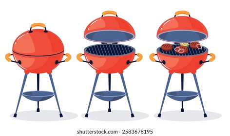 Barbecue set. Open and closed grill lid, outdoors cooking equipment. Grilling party tool. Meat and vegetables on rack, burning coals. Cartoon flat isolated illustration. Vector bbq meal concept