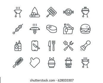 Barbecue. Set of outline vector icons. Includes such as BBQ, Grill, Steak and other. Editable Stroke. 48x48 Pixel Perfect.