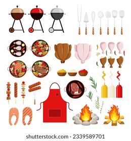 Barbecue set. Raw and ready-made food, sauces and spices, bonfire.
