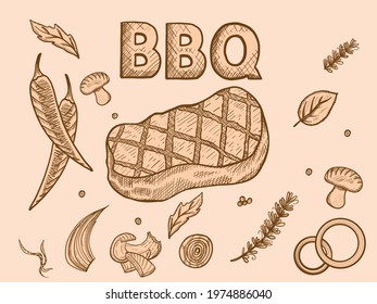 Barbecue set. Sketch scratch board imitation sepia.