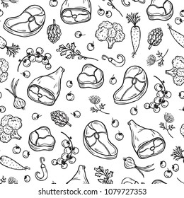 Barbecue set. Sliced pieces of raw meat with fresh vegetables seamless pattern. Vector Food background
