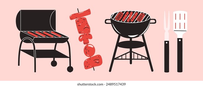 Barbecue set of vector illustrations with charcoal grill, kebab and cooking tool. BBQ set.