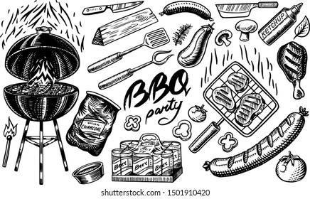 Barbecue set in vintage style. Drawn by hand. Bbq ingredients. Hot grill food, beer and tools, vegetables and spices. Vector illustration for menu or labels.