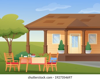 Barbecue setup outdoor background. House in nature with tree, table with food and drinks, chairs vector illustration. Summer scene.
