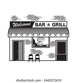 Barbecue shopping building or market store. Bar and grill. Icon isolated. BBQ grill party. Shop construction. Vector Illustration