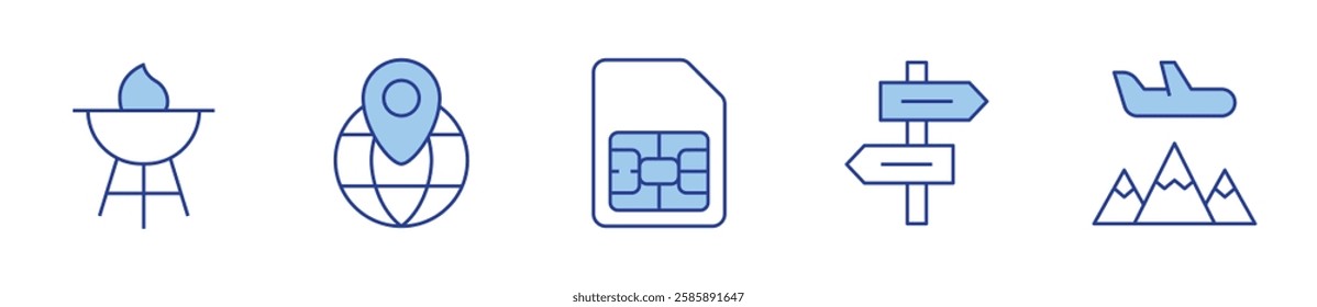 barbecue, sim card, travel, placeholder, sign post. Travel Icon vector illustration. Line Duotone style. Editable stroke.