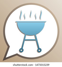 Barbecue simple sign. Bright cerulean icon in white speech balloon at pale taupe background. Illustration.