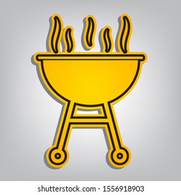 Barbecue simple sign. Flat orange icon with overlapping linear black icon with gray shadow at whitish background. Illustration.