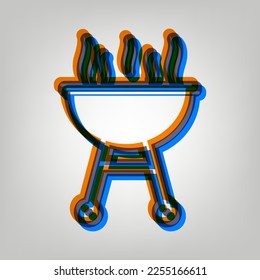 Barbecue simple sign. Stroked Icon in orange, azure and old lavender Colors at gray Background. Illustration.
