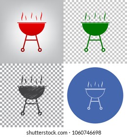 Barbecue simple sign. Vector. 4 styles. Red gradient in radial lighted background, green flat and gray scribble icons on transparent and linear one in blue circle.