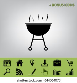 Barbecue simple sign. Vector. Black icon at gray background with bonus icons
