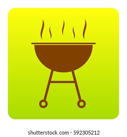 Barbecue simple sign. Vector. Brown icon at green-yellow gradient square with rounded corners on white background. Isolated.