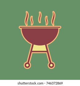 Barbecue simple sign. Vector. Cordovan icon and mellow apricot halo with light khaki filled space at russian green background.