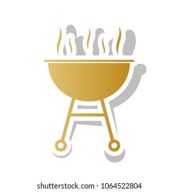 Barbecue simple sign. Vector. Golden gradient icon with white contour and rotated gray shadow at white background.