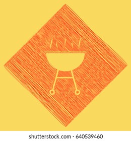 Barbecue simple sign. Vector. Red scribble icon obtained as a result of subtraction rhomb and path. Royal yellow background.