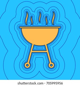 Barbecue simple sign. Vector. Sand color icon with black contour and equidistant blue contours like field at sky blue background. Like waves on map - island in ocean or sea.