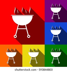 Barbecue simple sign. Vector. Set of icons with flat shadows at red, orange, yellow, green, blue and violet background.