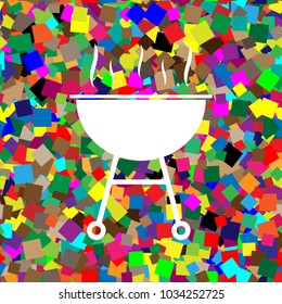 Barbecue simple sign. Vector. White icon on colorful background with seamless pattern from squares.