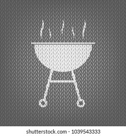 Barbecue simple sign. Vector. White knitted icon on gray knitted background. Isolated.