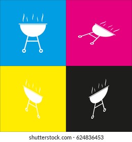 Barbecue simple sign. Vector. White icon with isometric projections on cyan, magenta, yellow and black backgrounds.