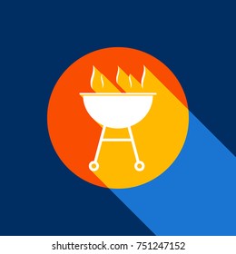 Barbecue simple sign. Vector. White icon on tangelo circle with infinite shadow of light at cool black background. Selective yellow and bright navy blue are produced.