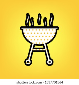 Barbecue simple sign. Vector. Yellow polka dot white icon with black contour at warm yellow background.