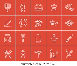 Barbecue sketch icon set for web, mobile and infographics. Hand drawn barbecue icon set. Barbecue vector icon set. Barbecue icon set isolated on red background.