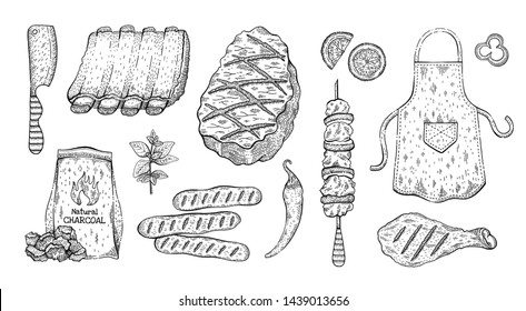 Barbecue sketch set. BBQ graphic line elements. Grilled food: beef meat, pork rib, chick, sausage, kebab. Summer picinic party icons collection. Cook vector illustration isolated on white background