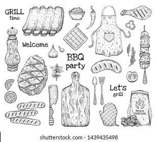 Barbecue sketch set. BBQ graphic line elements. Grilled food: beef meat, pork rib, chick kebab, sausage. Summer picinic party icon collection. Cook vector illustration art isolated on white background