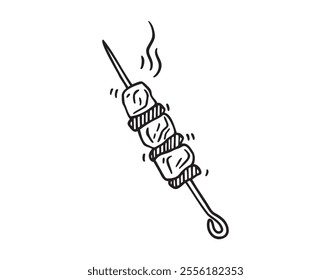 barbecue in skewer doodle hand drawn icon. Outline drawing kebab line clipart symbol. Vector illustration