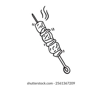 barbecue in skewer doodle hand drawn icon. Outline drawing kebab line clipart symbol. Vector illustration