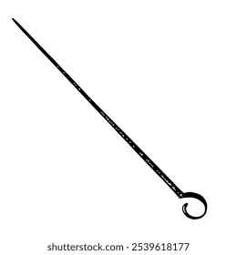 Barbecue skewer. Vector graphics with the image of a metal stick. Black and white hand-drawn illustration. On a white background. A design element for menus, posters, or labels. For cooking recipes.