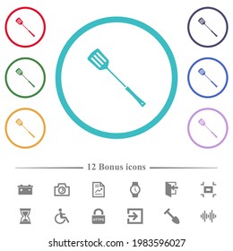 Barbecue spatula flat color icons in circle shape outlines. 12 bonus icons included.