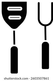 Barbecue spatula and fork outline icon for grilling, cooking utensils, and outdoor party with transparent background