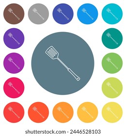 Barbecue spatula outline flat white icons on round color backgrounds. 17 background color variations are included.