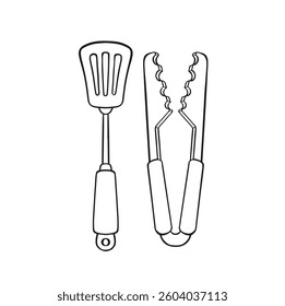 barbecue spatula and tongs line vector illustration