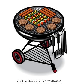 A barbecue with a spread of burgers, sausages and vegetable skewers.