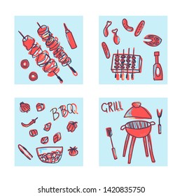 Barbecue square card compositions with cookout symbols and text. BBQ set with handdrawn lettering. Summer outdoor cooking elements. Vector conceptual illustration.